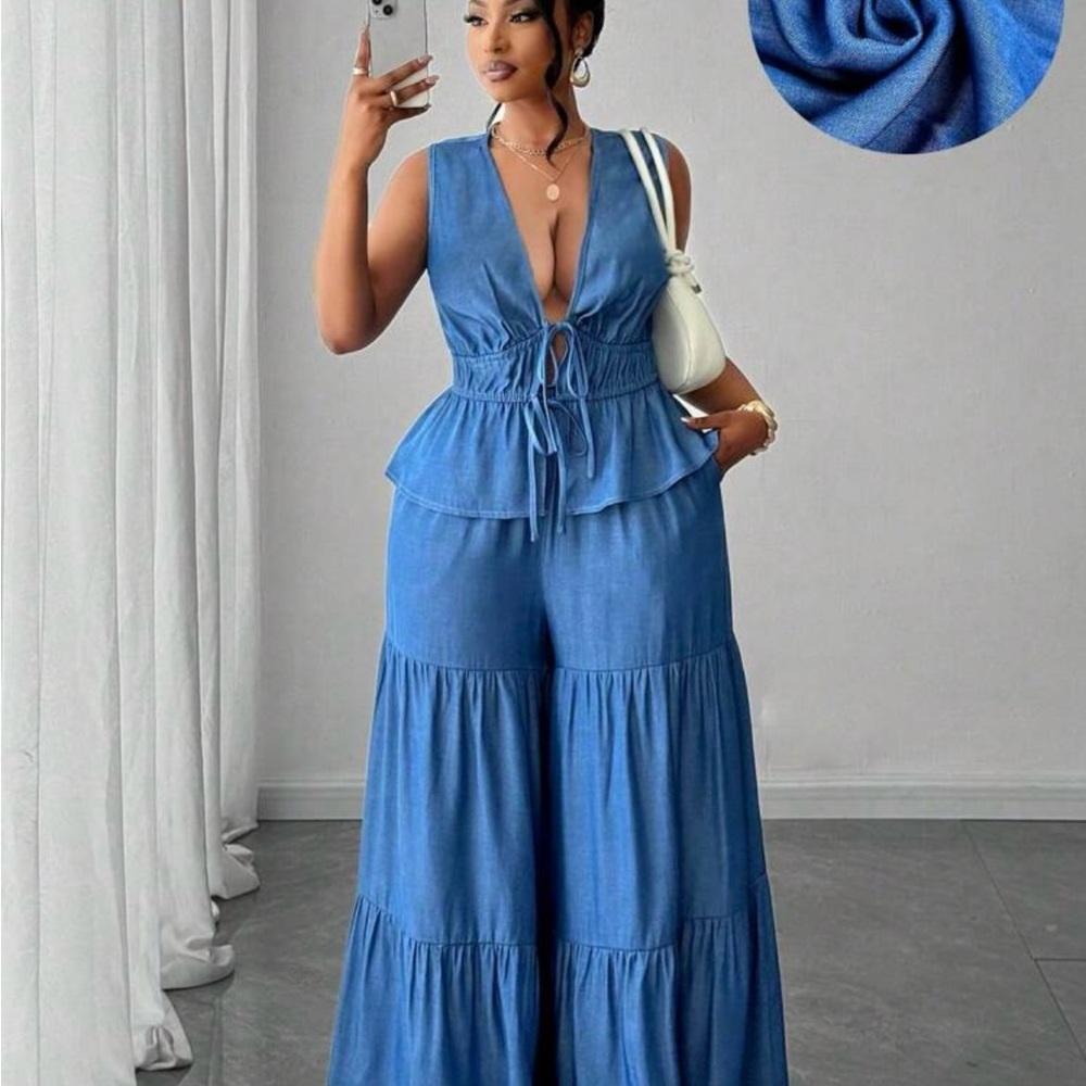 Elegant Blue Sleeveless two piece pants set